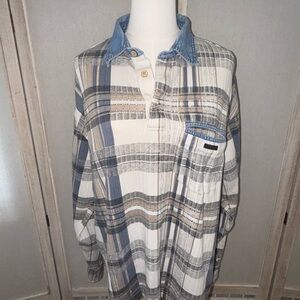 Plaid Button-Up Blouse with Denim Collar